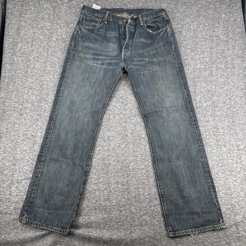 Levis 501 Mens Jeans 36x32 Blue Denim Button Fly Straight Leg Distressed Wash